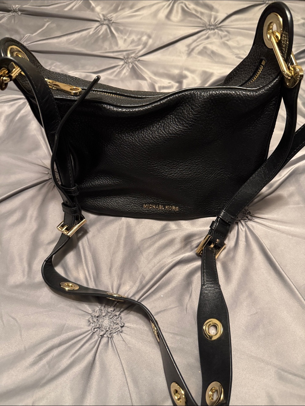 Michael Kors Black Pebbled Leather Shoulder Bag with Gold Hardware